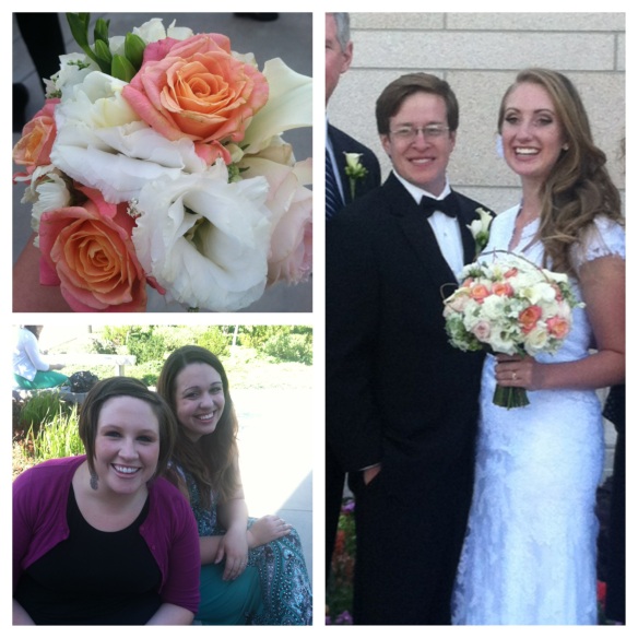 The beautiful couple, flower bouquet, and Karen and Meg! 