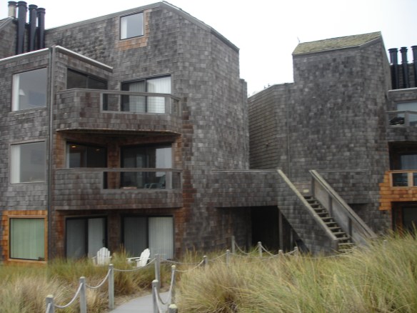 A glimpse of our beach condo during the day. The front side of the building has walkways criss-crossing over dunes in between the buildings. 